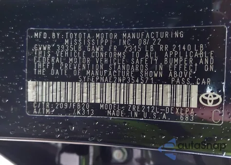 2022 Toyota Corolla Le из США, поврежденный, VIN 5YFEPMAE2NP354571